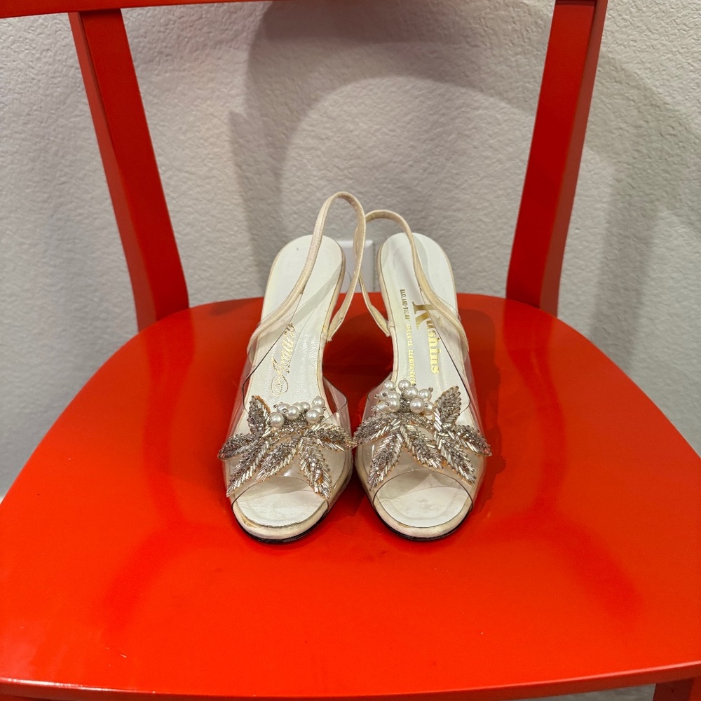 Kushins Amano clear crystal/pearl slingback heels